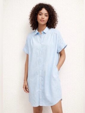 Well Worn Linen Blend Light Blue Button Down Shirt Dress Sz M Relaxed Cover Up